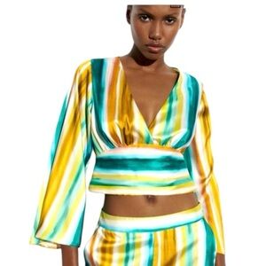 Zara Cropped Satin Blouse Striped Vneck Green Yellow Flare Sleeves S Festival